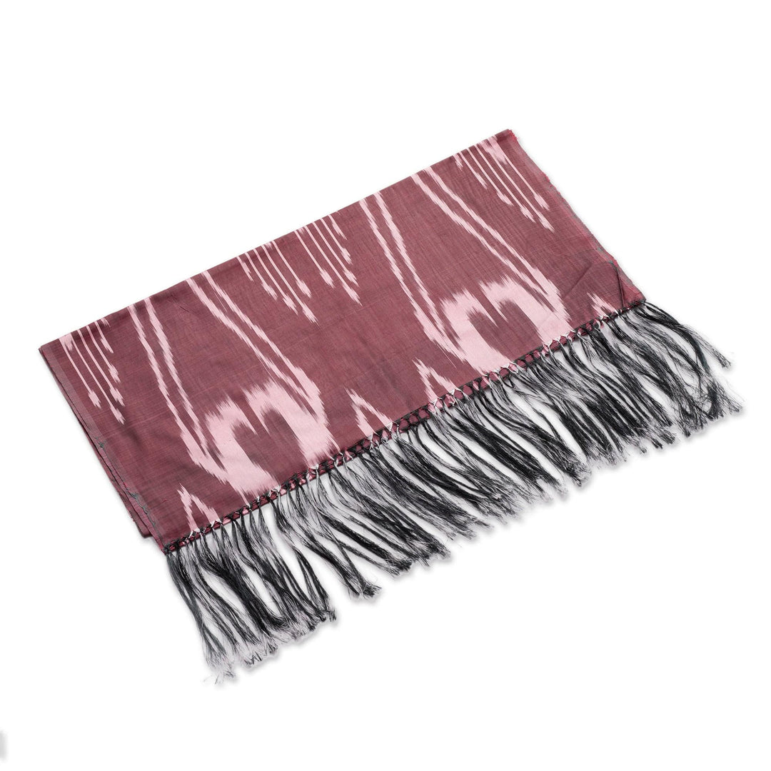 Burgundy Hand-Woven Fringed Silk Ikat Scarf from Uzbekistan - Stylish Burgundy