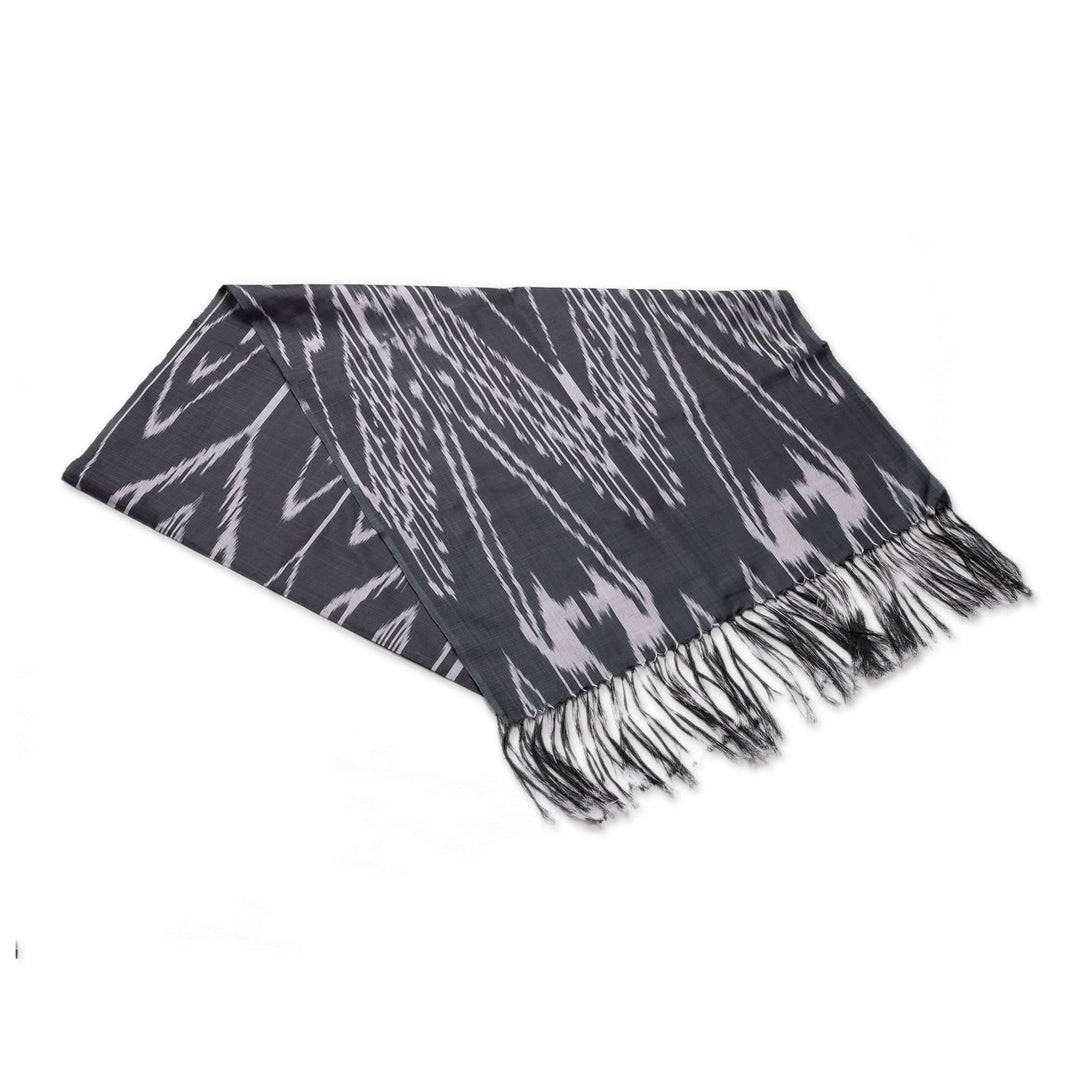Hand-Woven Fringed Silk Ikat Scarf in Black from Uzbekistan - Stylish Black