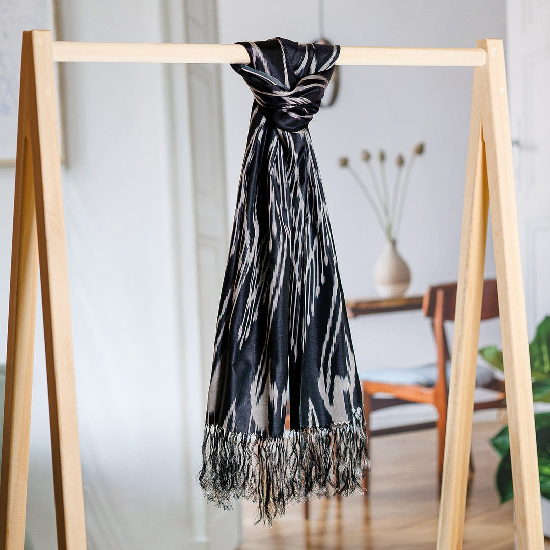 Hand-Woven Fringed Silk Ikat Scarf in Black from Uzbekistan - Stylish Black