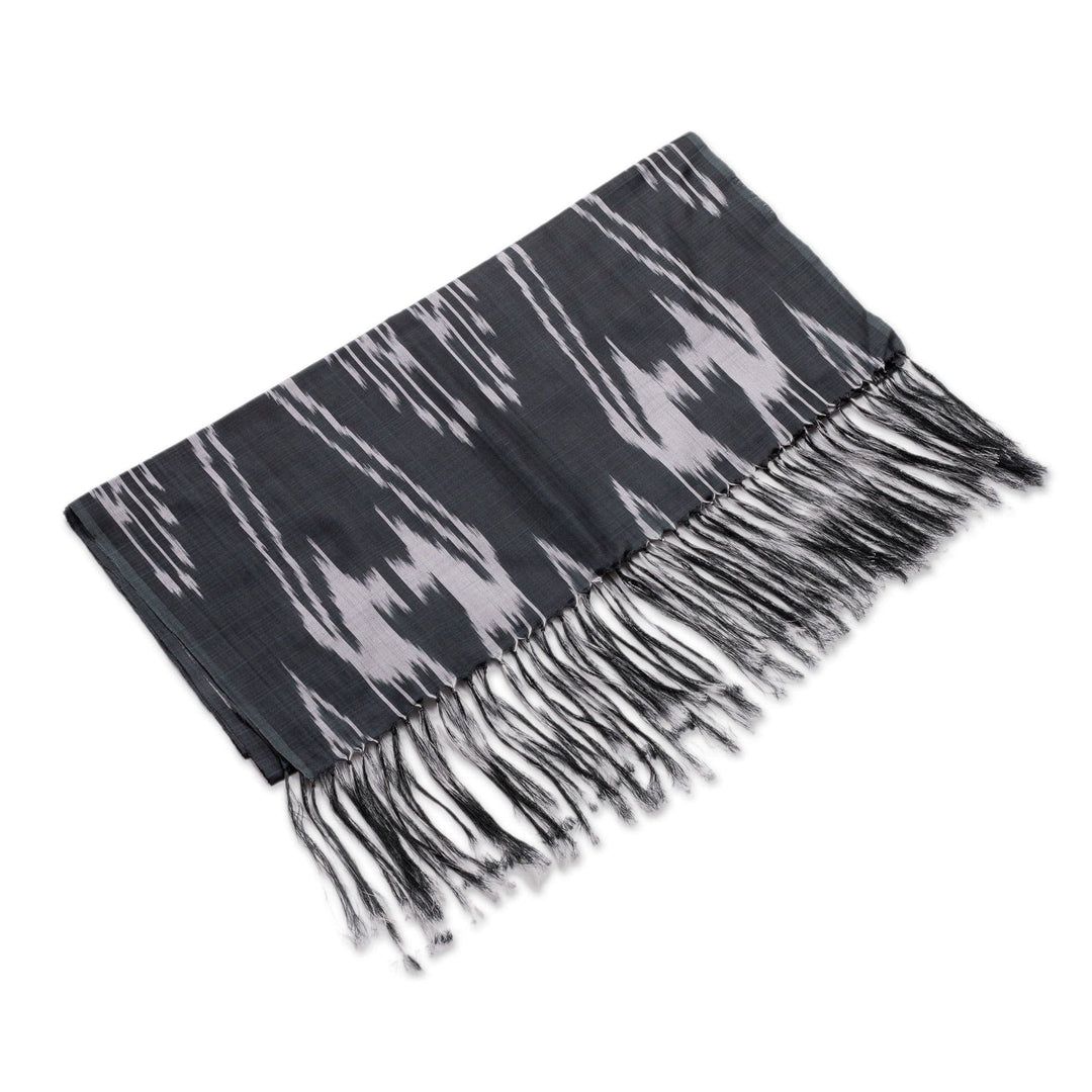 Hand-Woven Fringed Silk Ikat Scarf in Black from Uzbekistan - Stylish Black