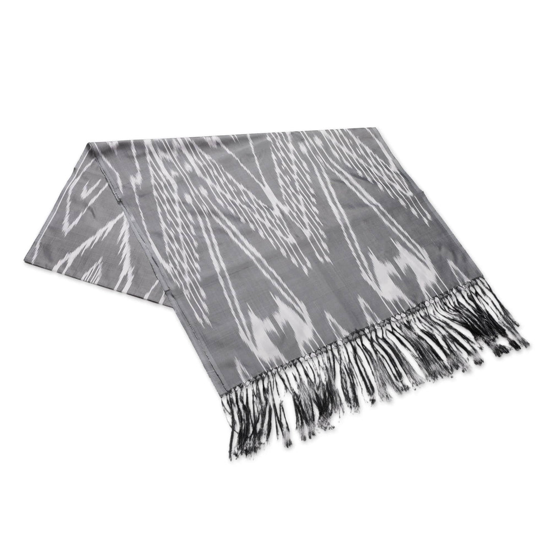 Hand-Woven Fringed Silk Ikat Scarf in Grey from Uzbekistan - Stylish Grey