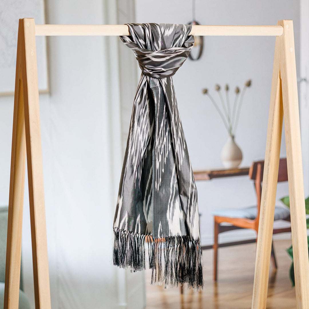 Hand-Woven Fringed Silk Ikat Scarf in Grey from Uzbekistan - Stylish Grey