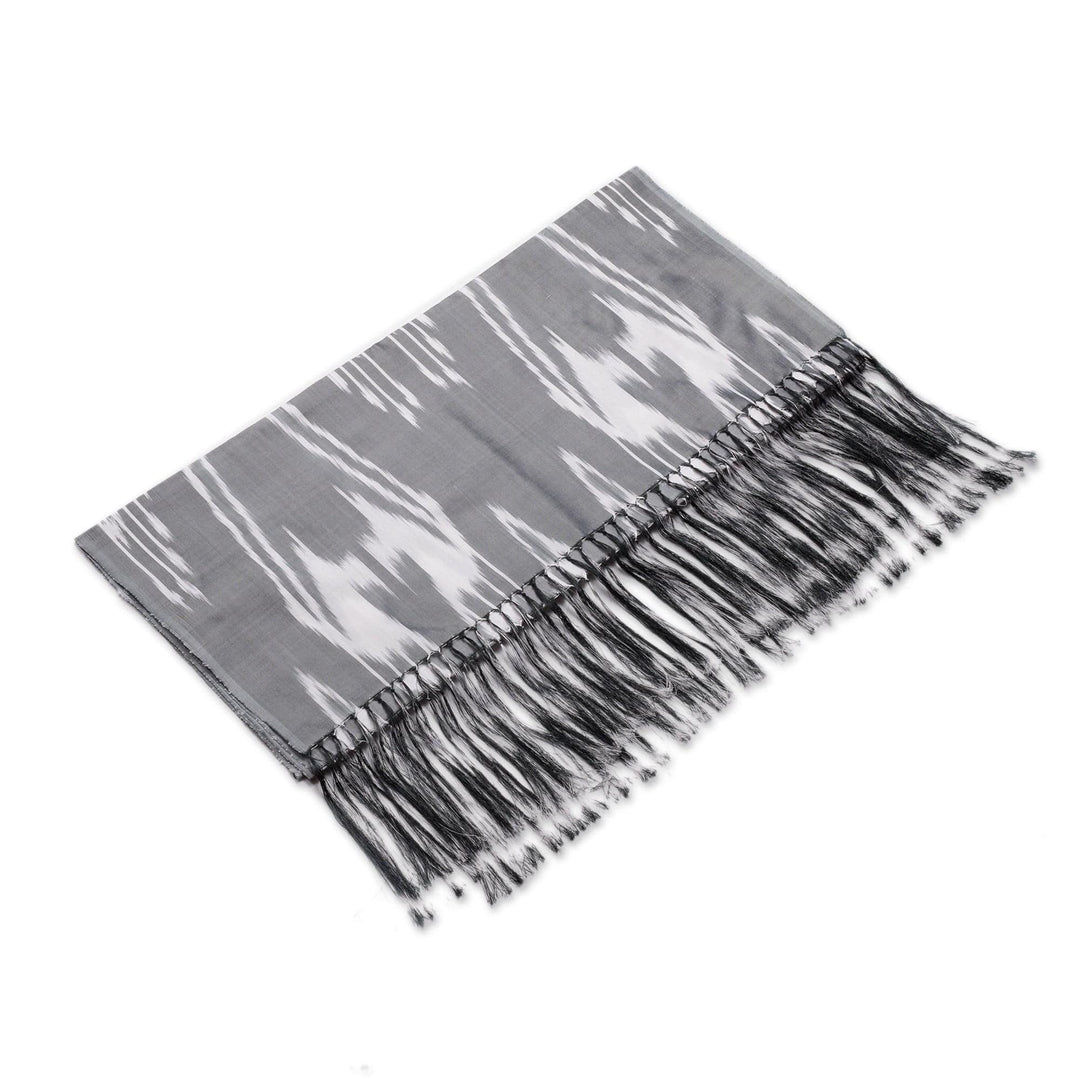 Hand-Woven Fringed Silk Ikat Scarf in Grey from Uzbekistan - Stylish Grey