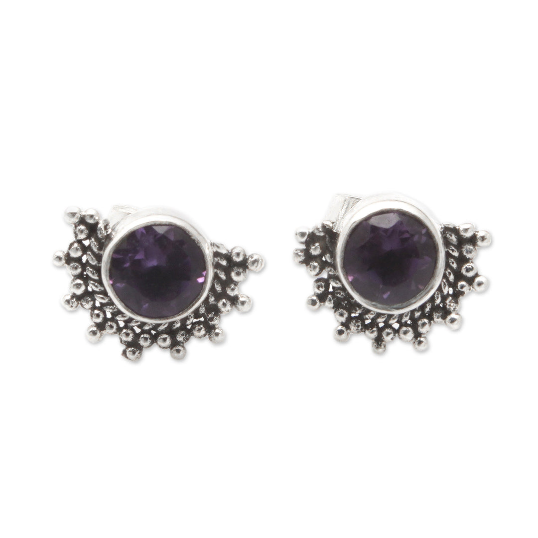 Polished Sterling Silver Stud Earrings with Amethyst Stones - Crescent Wisdom