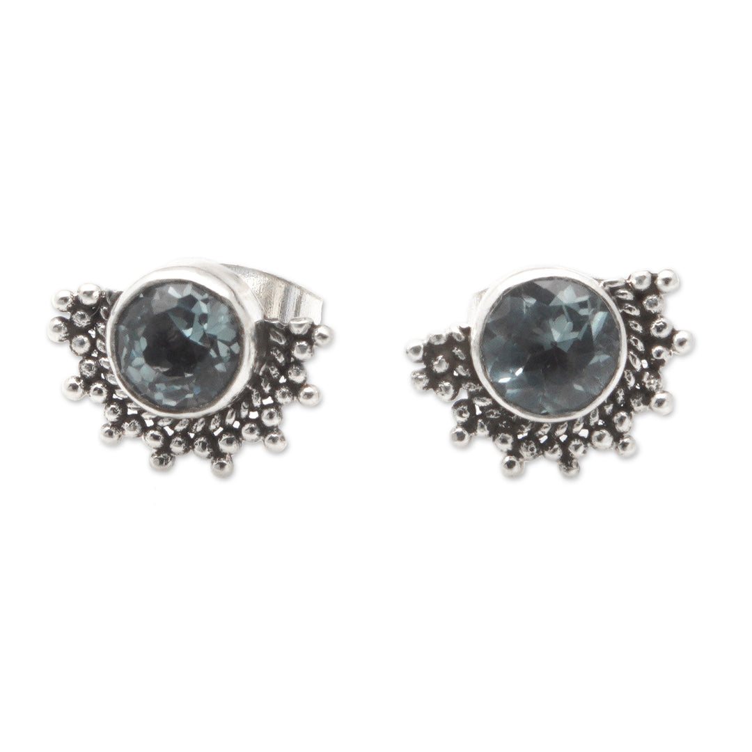 Polished Sterling Silver Stud Earrings with Blue Topaz Gems - Crescent Loyalty