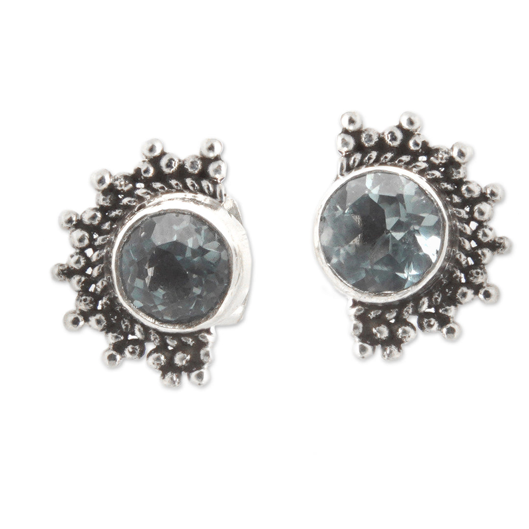 Polished Sterling Silver Stud Earrings with Blue Topaz Gems - Crescent Loyalty