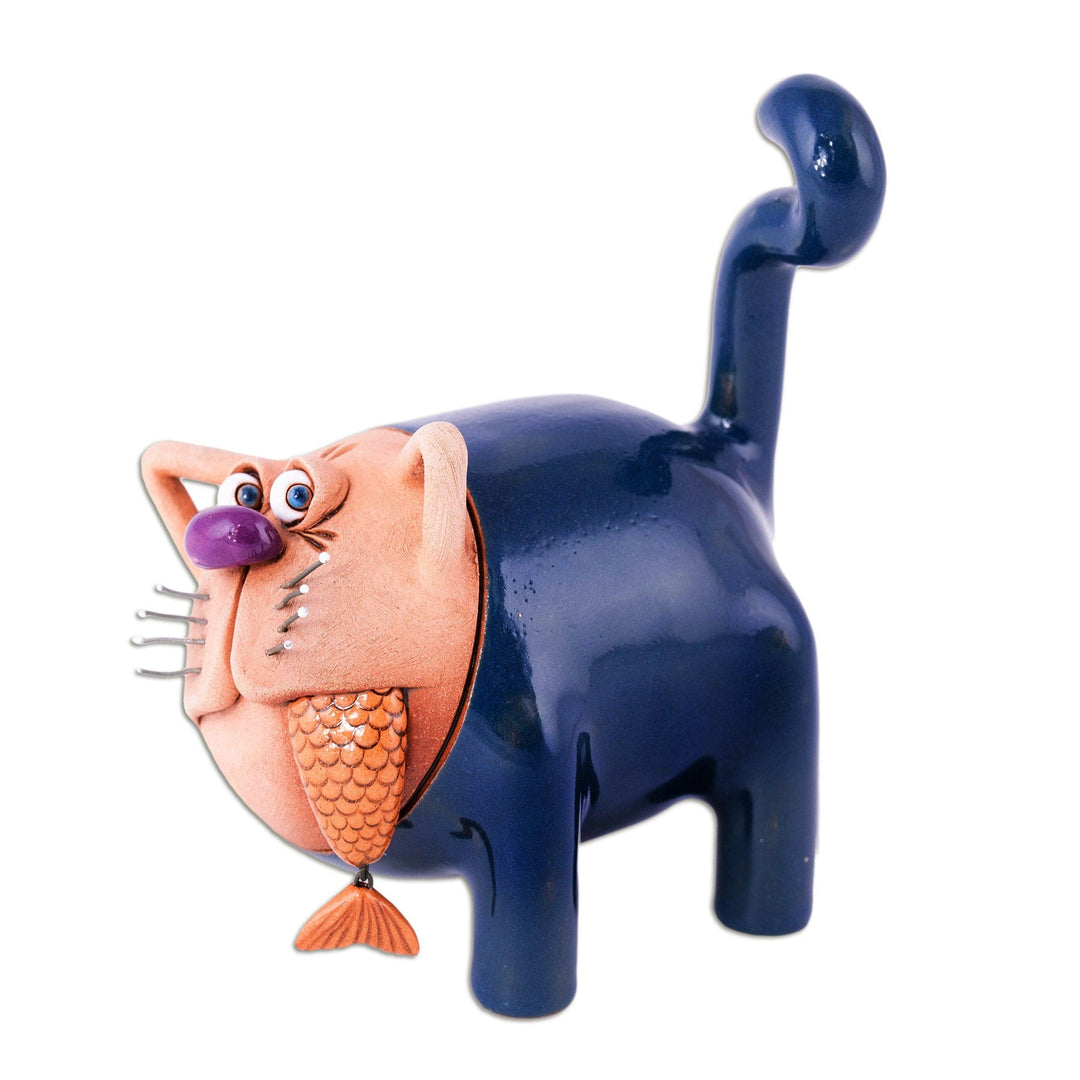 Handcrafted Blue Ceramic Figurine of Cat and Fish - Feline Mischief in Blue
