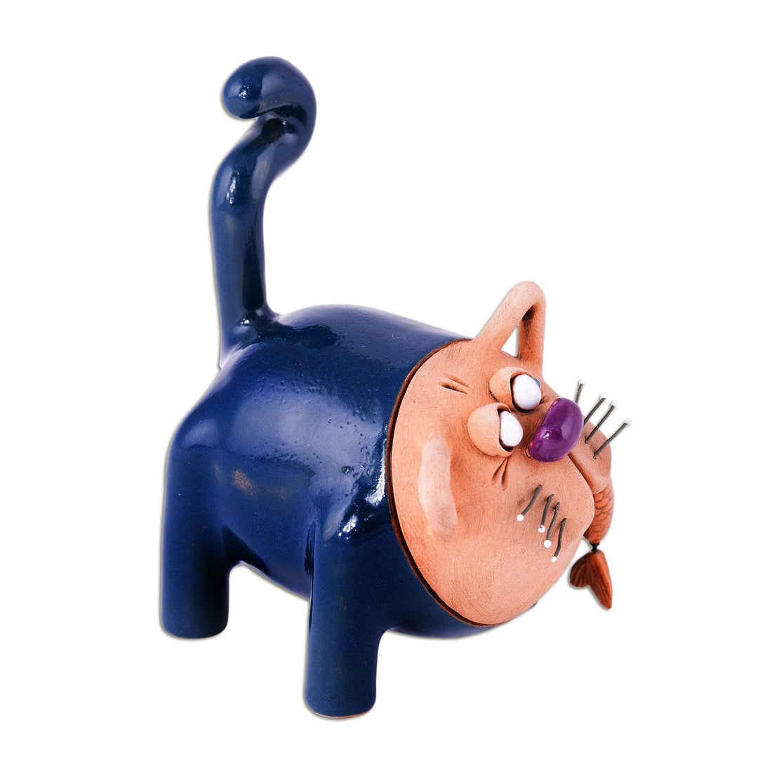 Handcrafted Blue Ceramic Figurine of Cat and Fish - Feline Mischief in Blue
