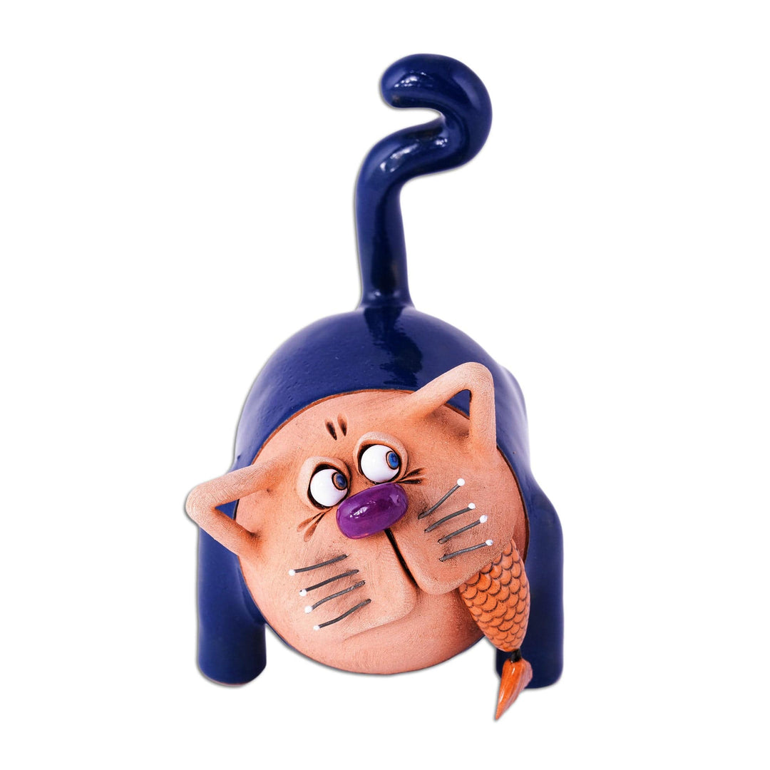 Handcrafted Blue Ceramic Figurine of Cat and Fish - Feline Mischief in Blue
