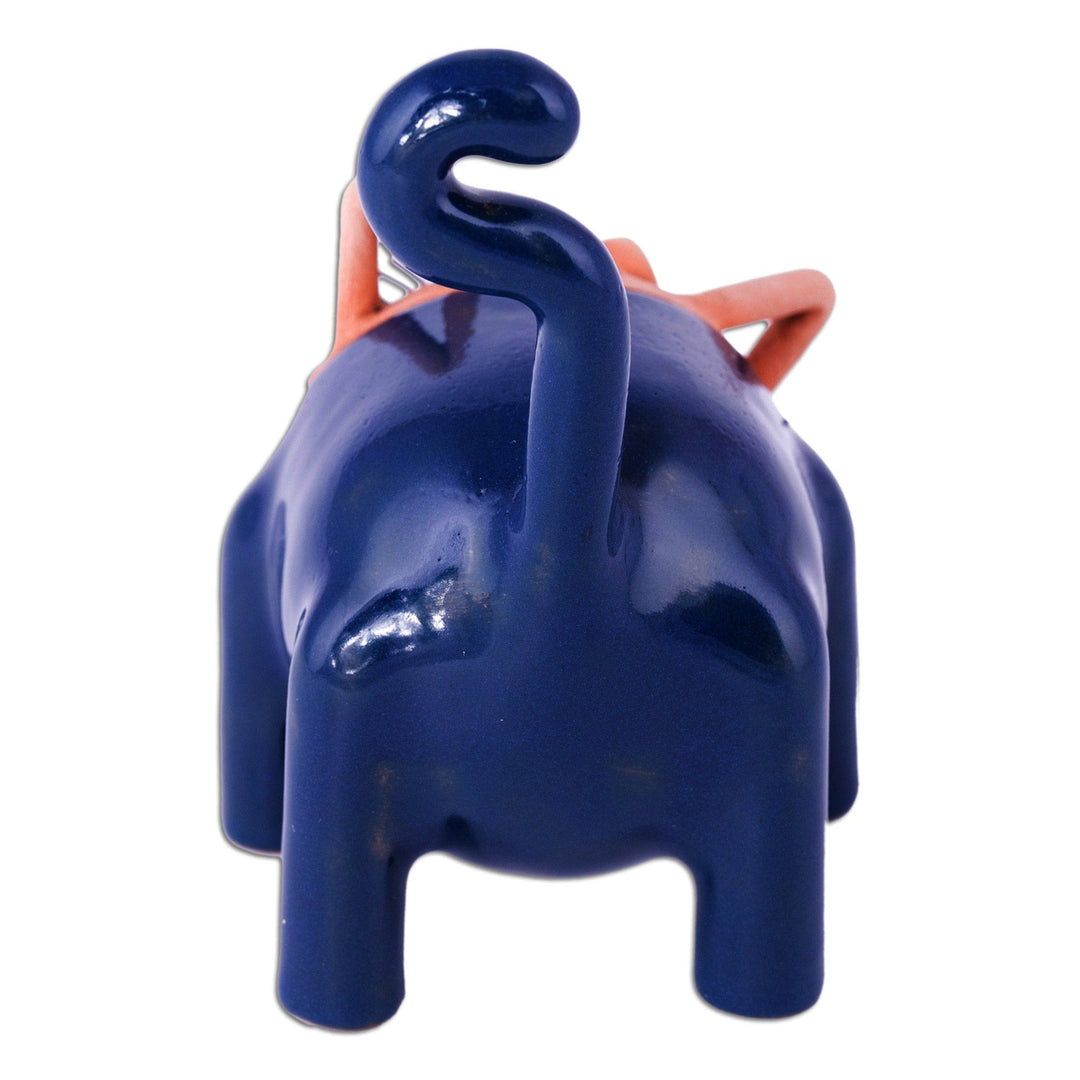Handcrafted Blue Ceramic Figurine of Cat and Fish - Feline Mischief in Blue