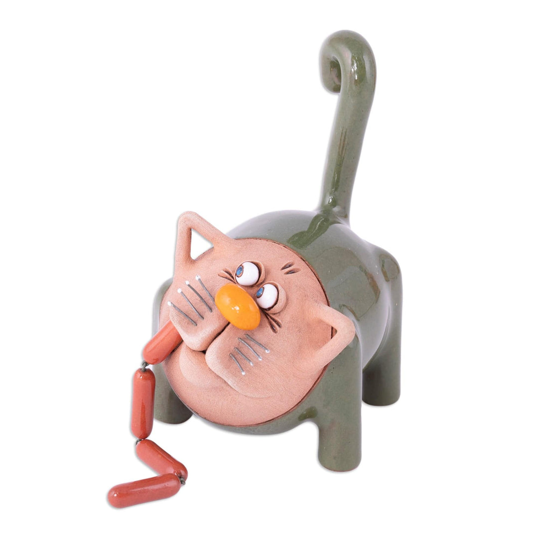 Handcrafted Green Ceramic Figurine of Cat and Sausages - Feline Mischief in Green