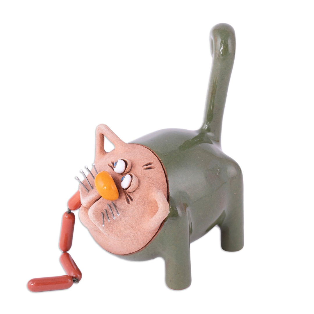 Handcrafted Green Ceramic Figurine of Cat and Sausages - Feline Mischief in Green