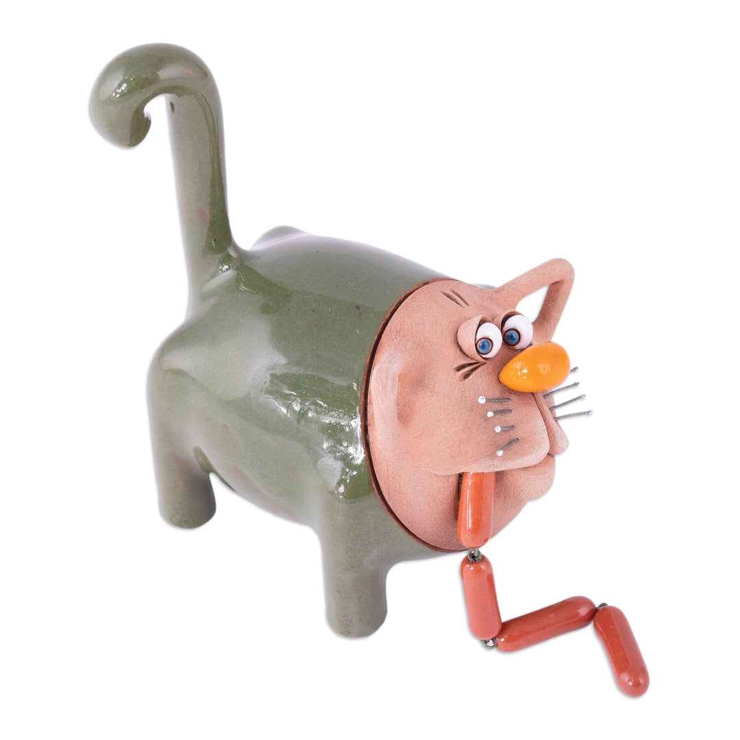 Handcrafted Green Ceramic Figurine of Cat and Sausages - Feline Mischief in Green