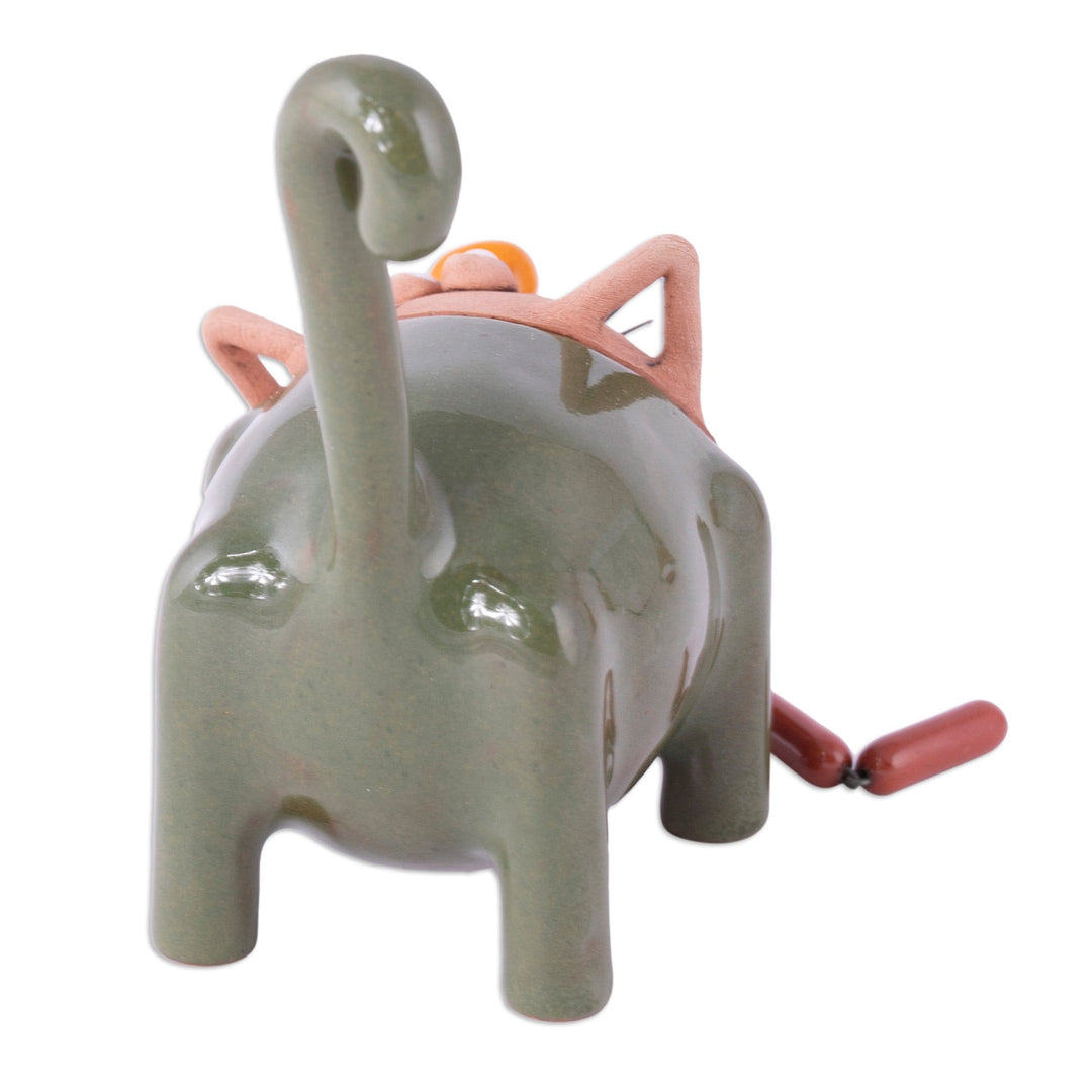 Handcrafted Green Ceramic Figurine of Cat and Sausages - Feline Mischief in Green