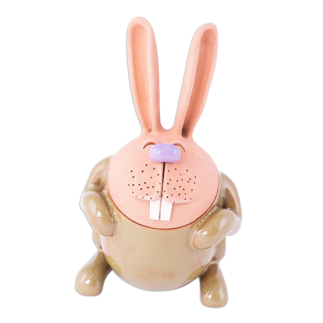 Handcrafted Olive and Brown Ceramic Bunny Figurine - Olive Hops