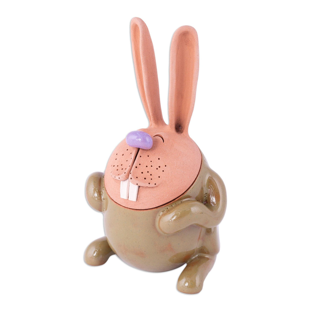 Handcrafted Olive and Brown Ceramic Bunny Figurine - Olive Hops