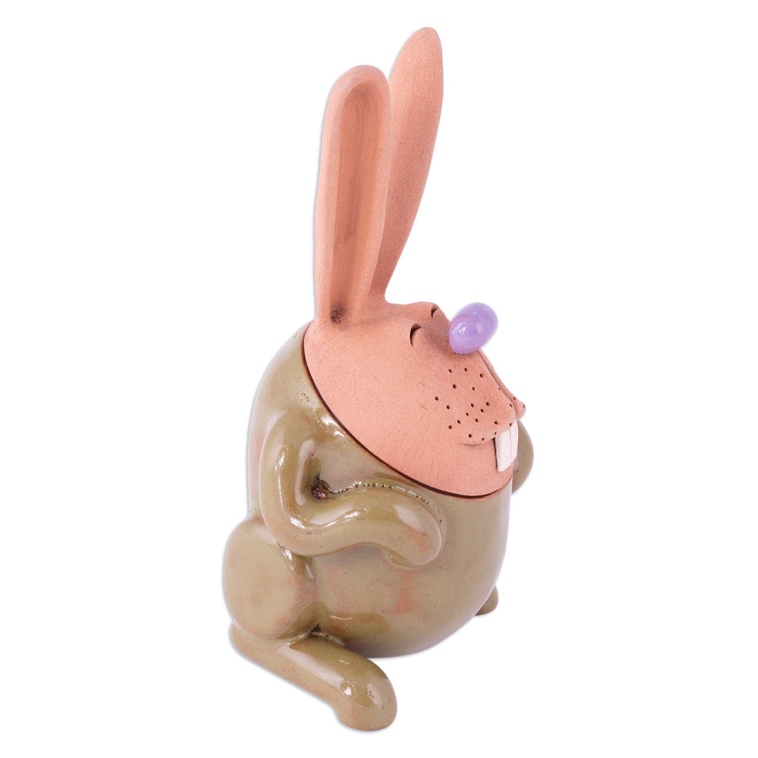 Handcrafted Olive and Brown Ceramic Bunny Figurine - Olive Hops