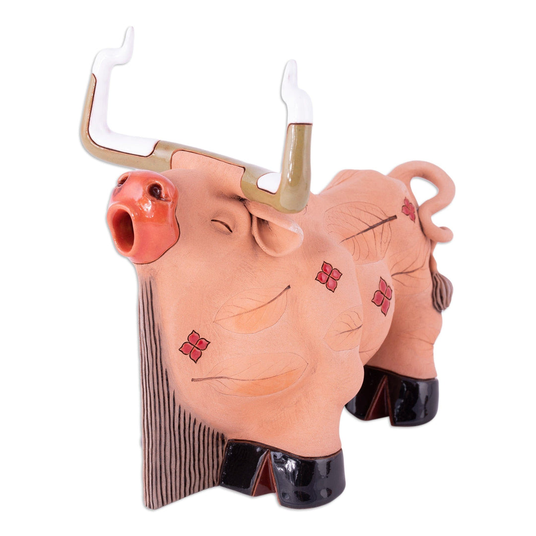 Leafy Ceramic Bull Figurine Handcrafted in Uzbekistan - Autumn Bull