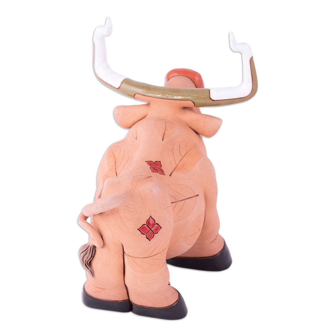 Leafy Ceramic Bull Figurine Handcrafted in Uzbekistan - Autumn Bull