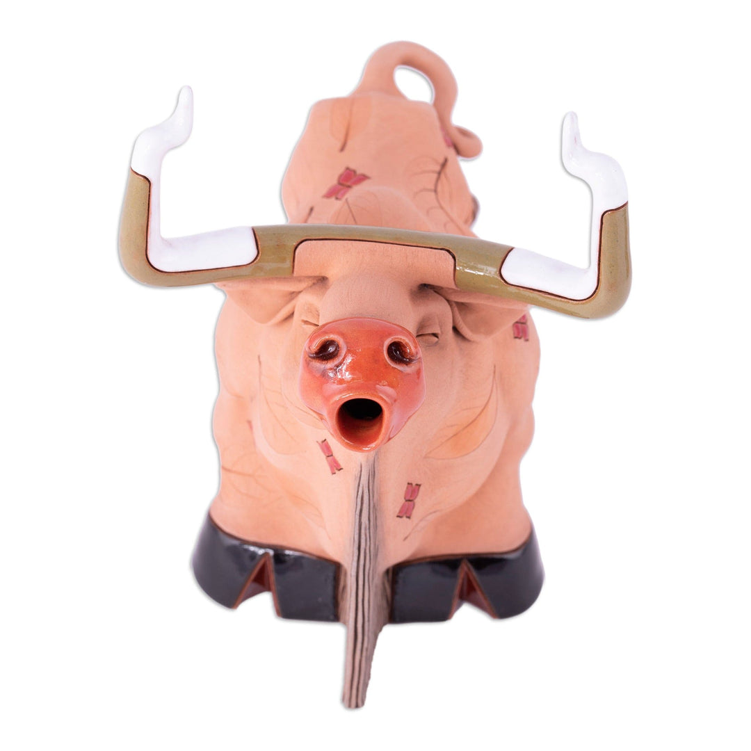 Leafy Ceramic Bull Figurine Handcrafted in Uzbekistan - Autumn Bull