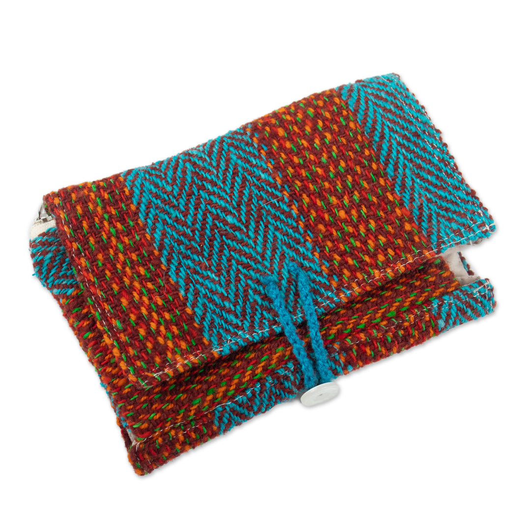 Brown and Teal Handloomed Wool Organizer with Button Closure - Sumaq