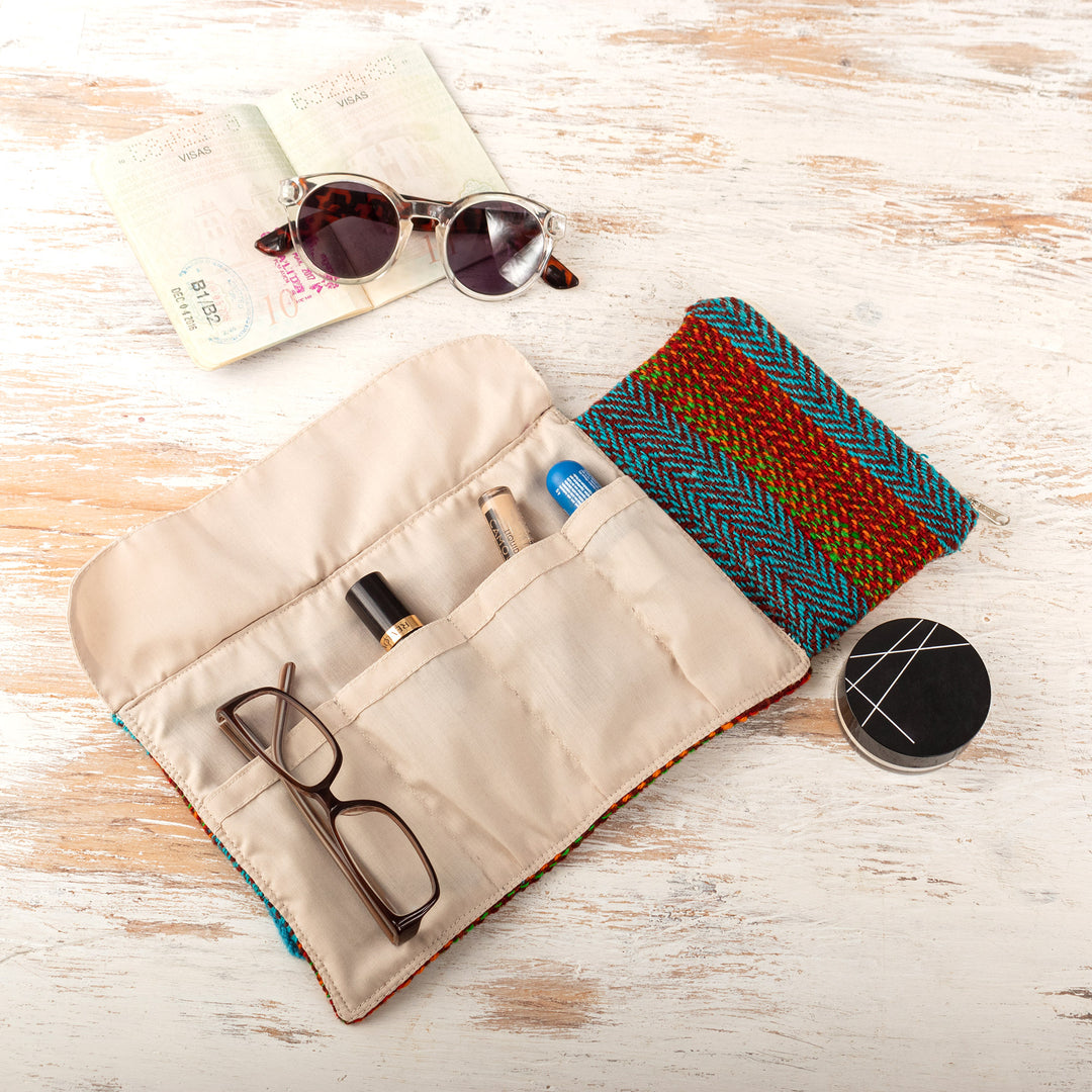 Brown and Teal Handloomed Wool Organizer with Button Closure - Sumaq