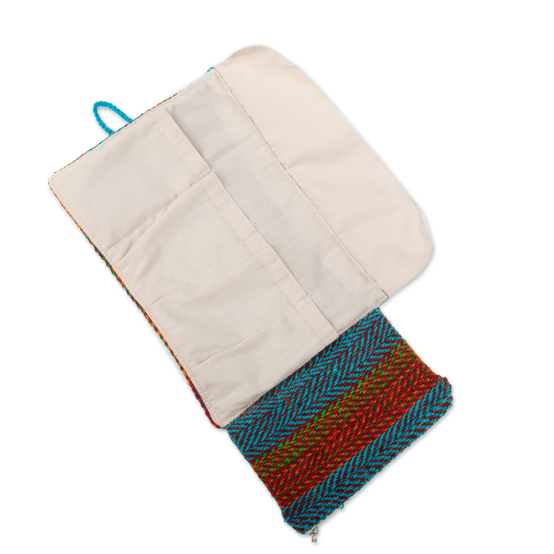 Brown and Teal Handloomed Wool Organizer with Button Closure - Sumaq