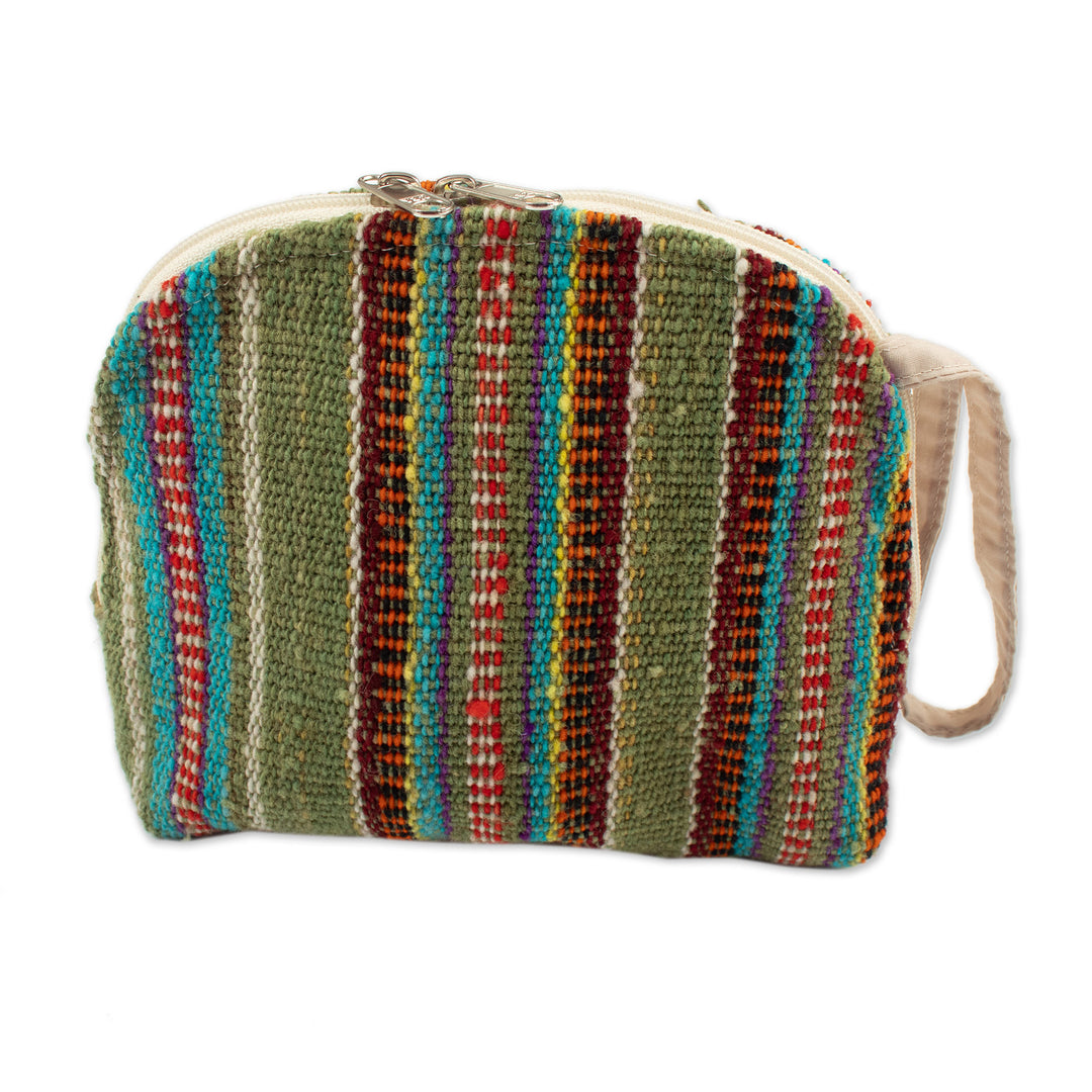 Handmade Striped Olive Wool Cosmetic Bag with Zipper Closure - Olive Roads
