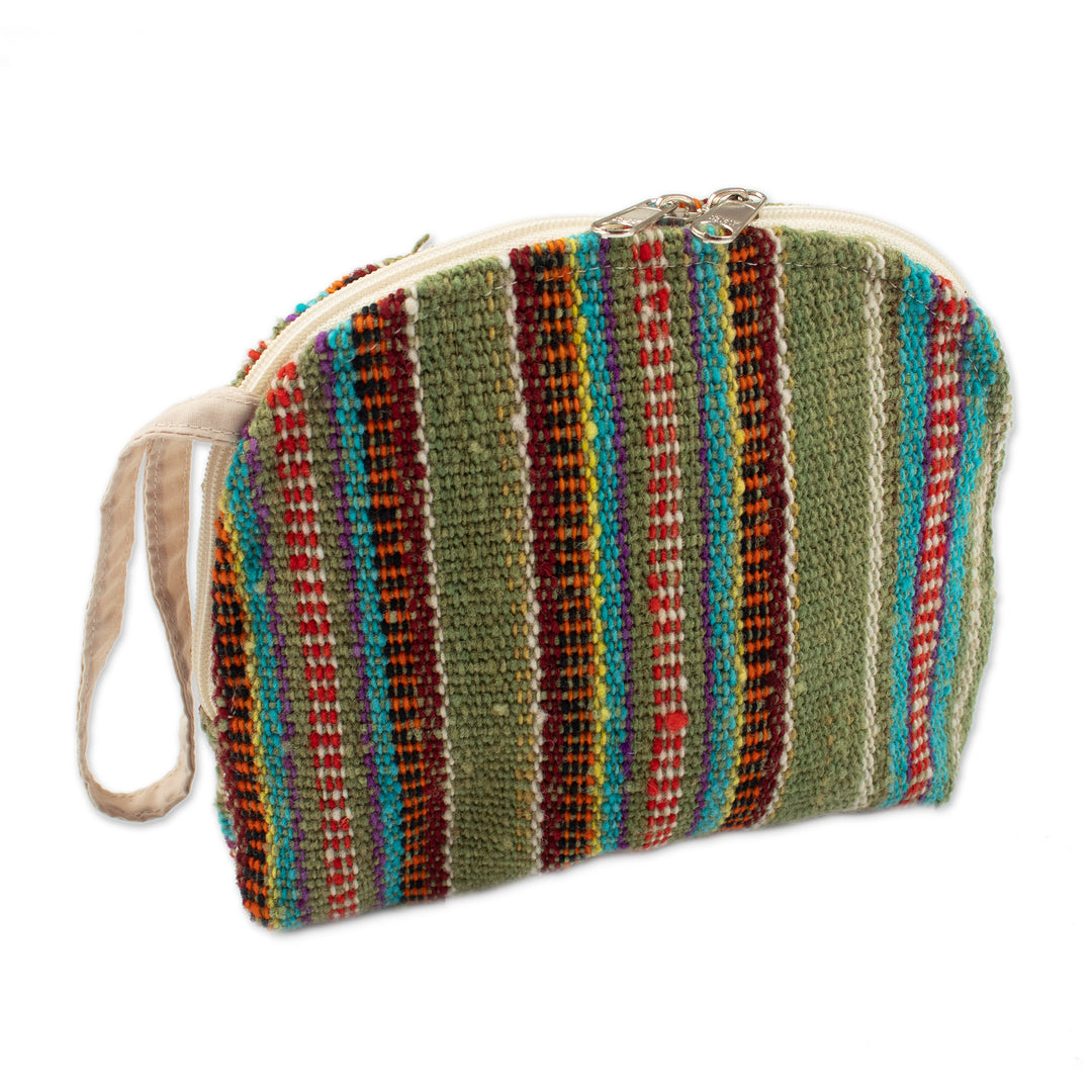 Handmade Striped Olive Wool Cosmetic Bag with Zipper Closure - Olive Roads