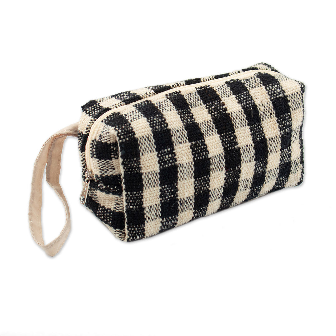 Handmade Checkered Wool Cosmetic Bag with Zipper Closure - Adventure Squares