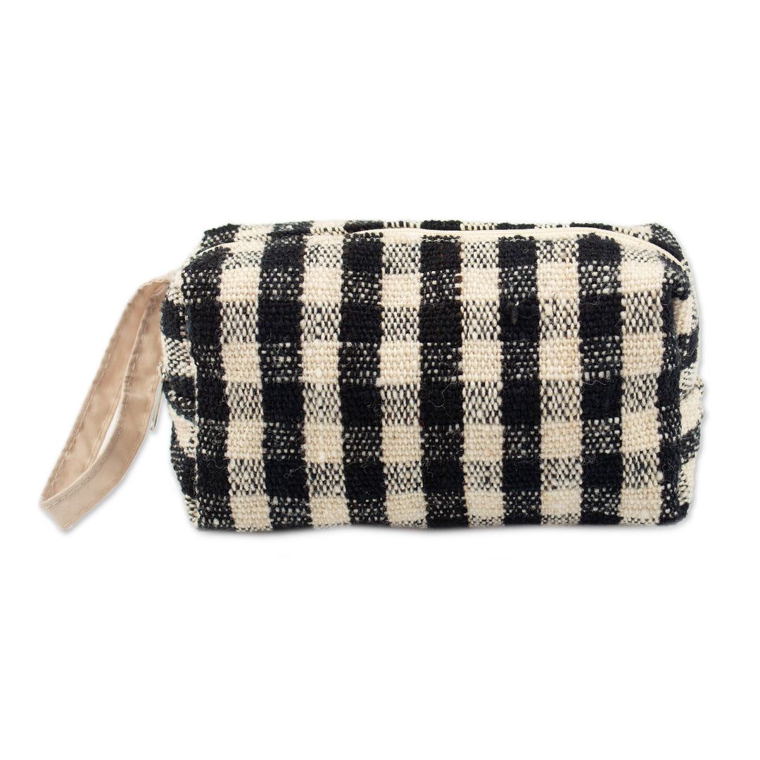 Handmade Checkered Wool Cosmetic Bag with Zipper Closure - Adventure Squares