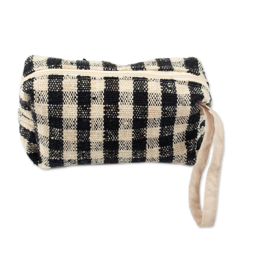 Handmade Checkered Wool Cosmetic Bag with Zipper Closure - Adventure Squares