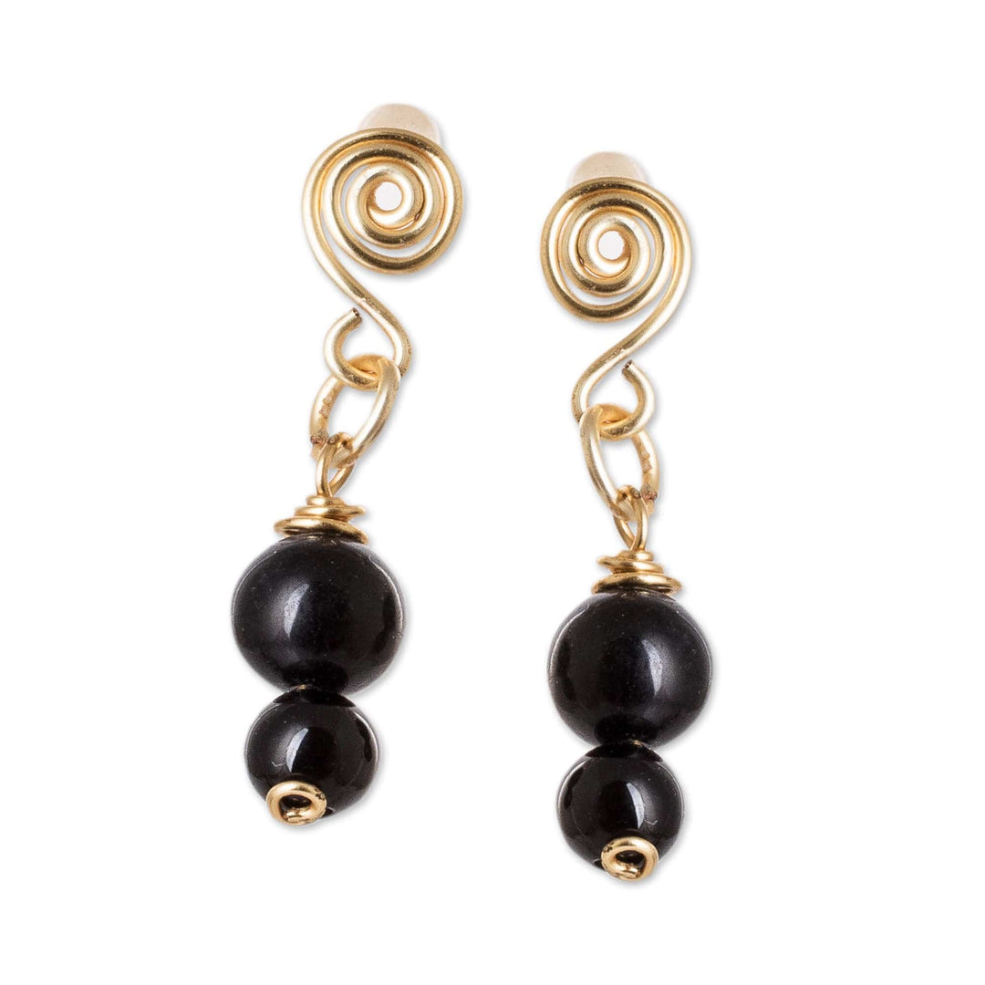 Dangle Earrings with Onyx Stones and Spiral Wire Accents - Midnight Glow