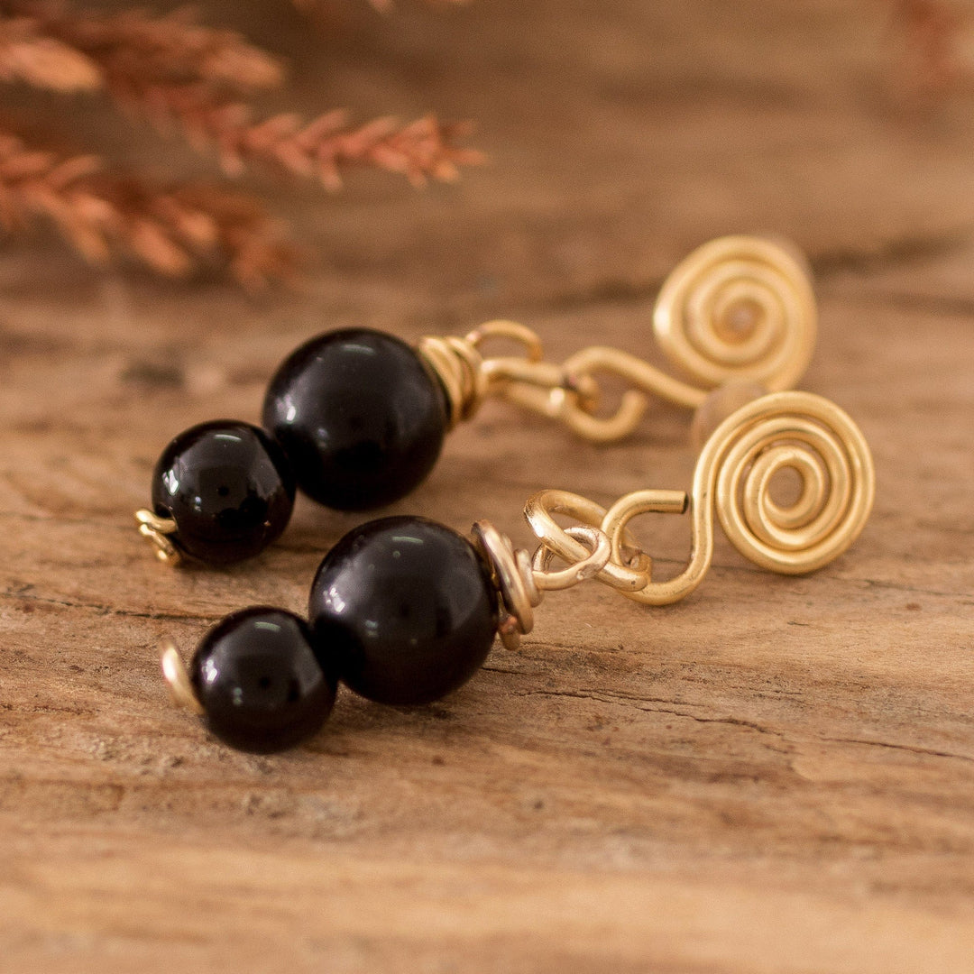 Dangle Earrings with Onyx Stones and Spiral Wire Accents - Midnight Glow