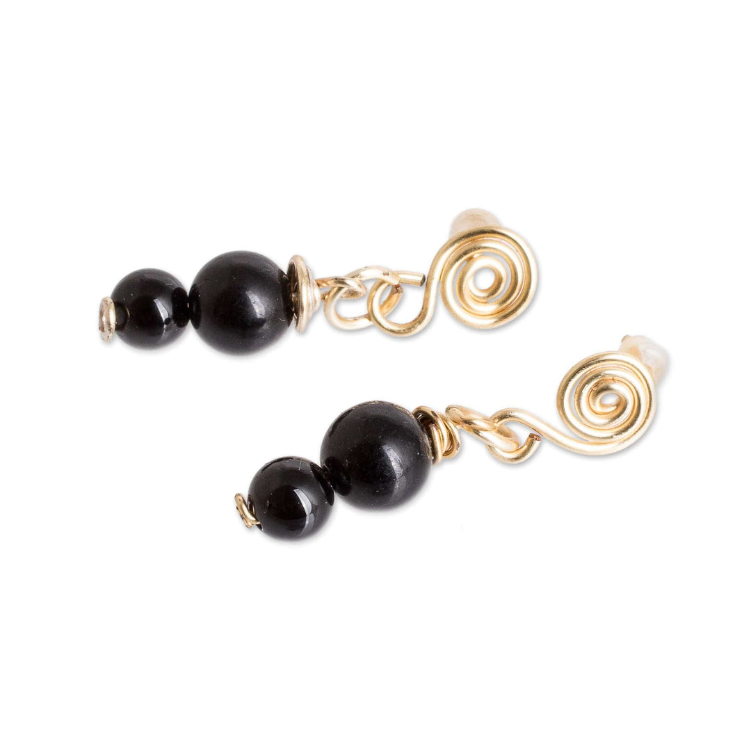 Dangle Earrings with Onyx Stones and Spiral Wire Accents - Midnight Glow