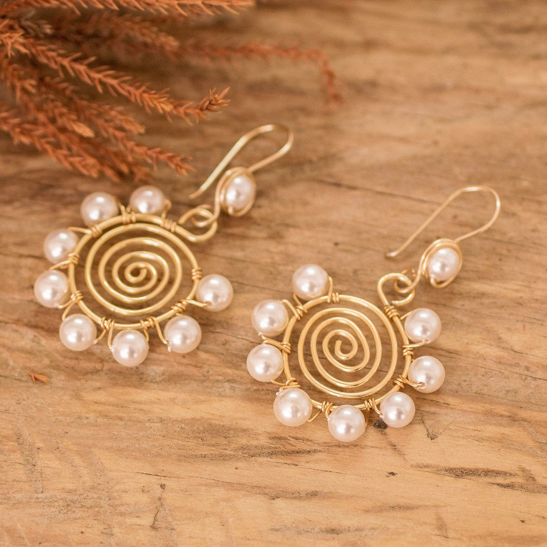 Twisted Wire Spiral Dangle Earrings with Cultured Pearls - Alluring Flower