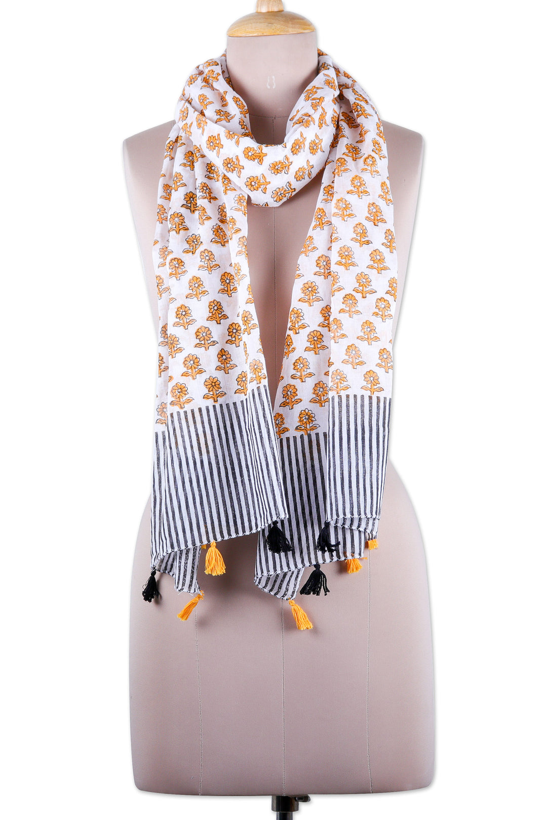 Block-Printed Cotton Scarf with Floral and Striped Motifs - Goldenrod Meadow