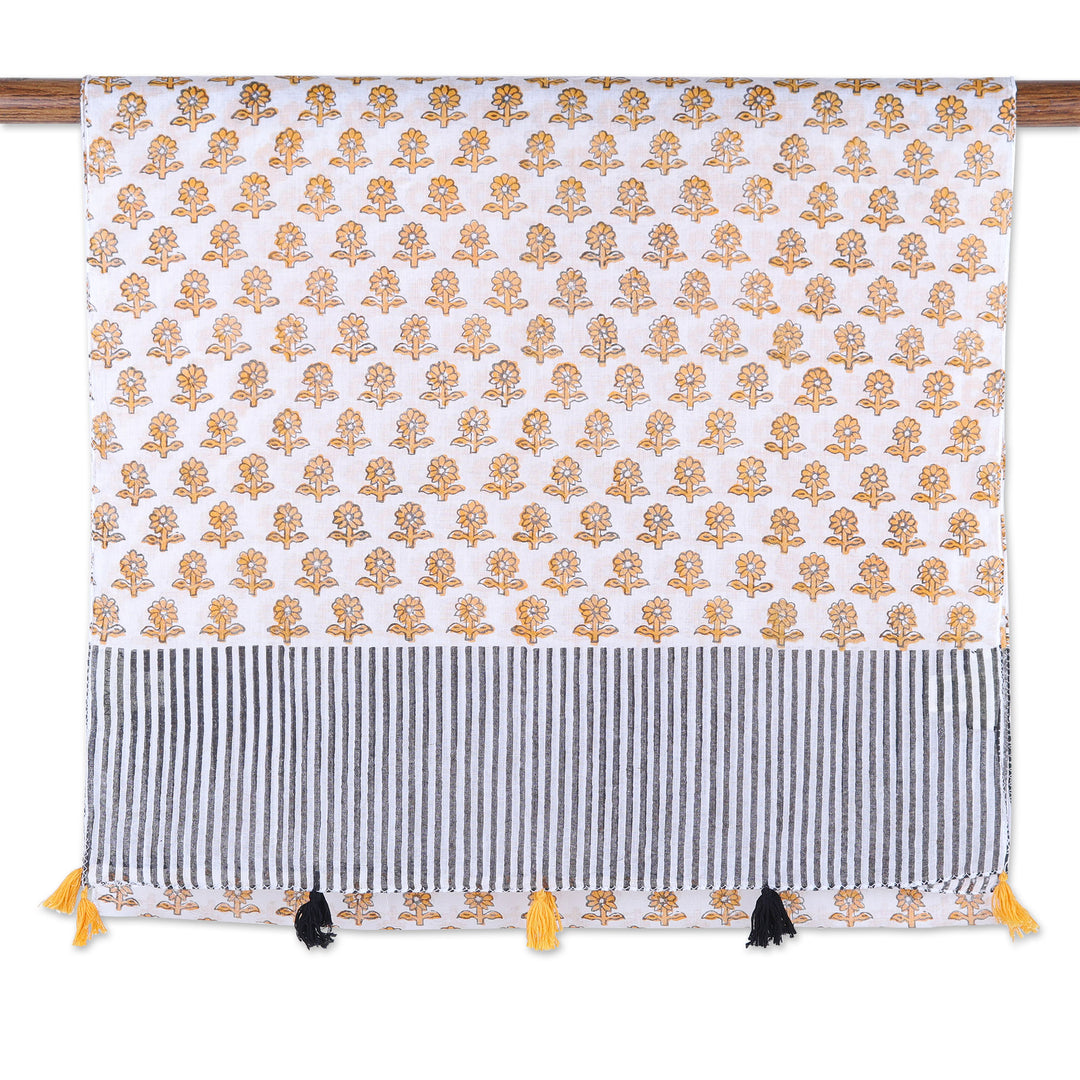Block-Printed Cotton Scarf with Floral and Striped Motifs - Goldenrod Meadow