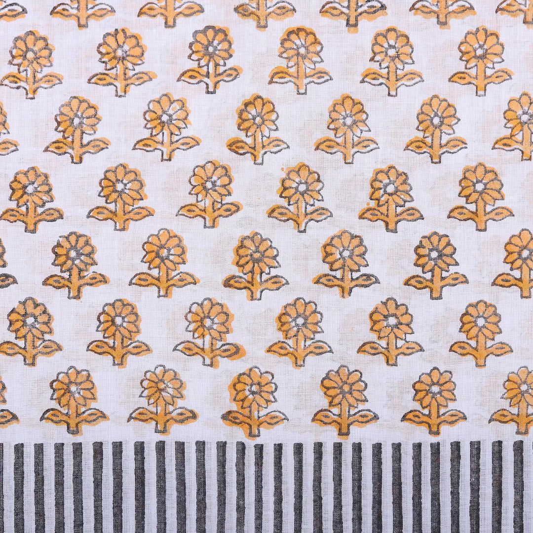 Block-Printed Cotton Scarf with Floral and Striped Motifs - Goldenrod Meadow