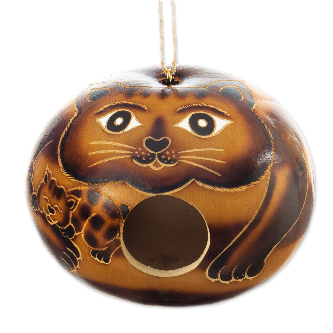 Hand-Painted Cat-Themed Dried Gourd Birdhouse from Peru - Mama Cat