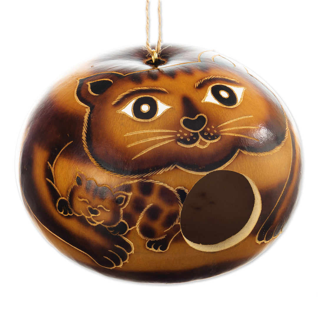 Hand-Painted Cat-Themed Dried Gourd Birdhouse from Peru - Mama Cat