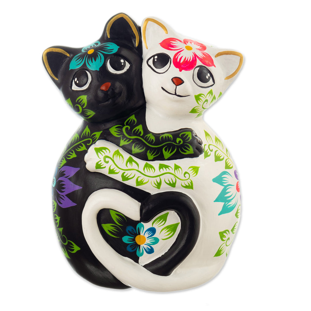 Cat-Themed Floral Handcrafted Ceramic Sculpture - Feline Night and Day