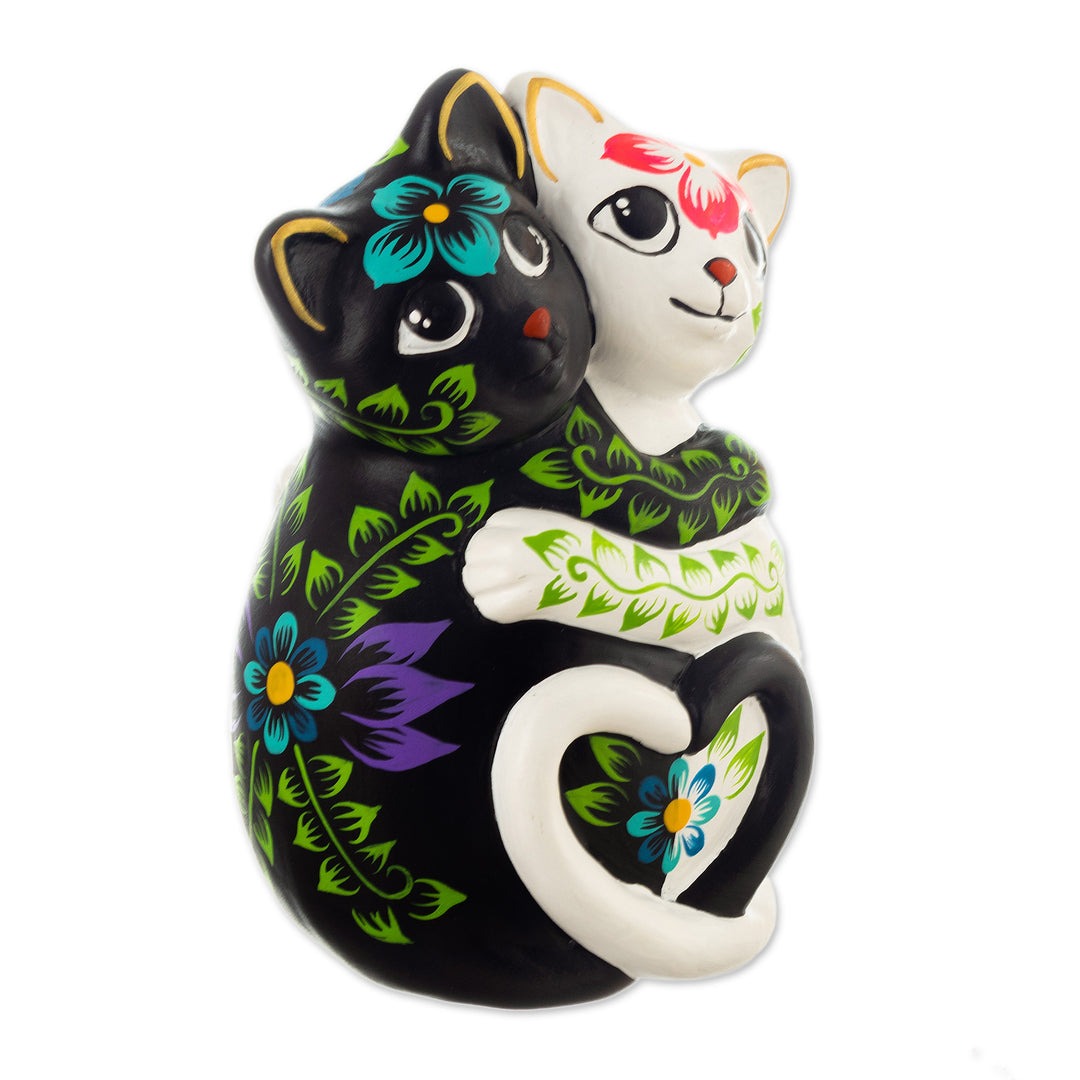 Cat-Themed Floral Handcrafted Ceramic Sculpture - Feline Night and Day