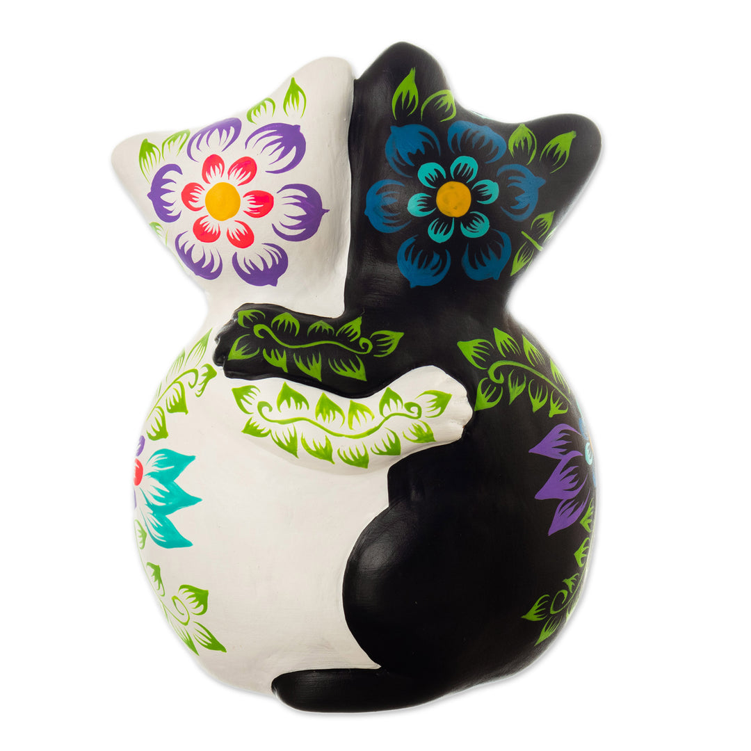 Cat-Themed Floral Handcrafted Ceramic Sculpture - Feline Night and Day