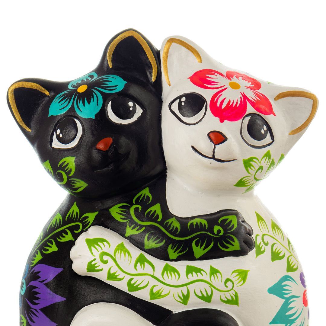 Cat-Themed Floral Handcrafted Ceramic Sculpture - Feline Night and Day