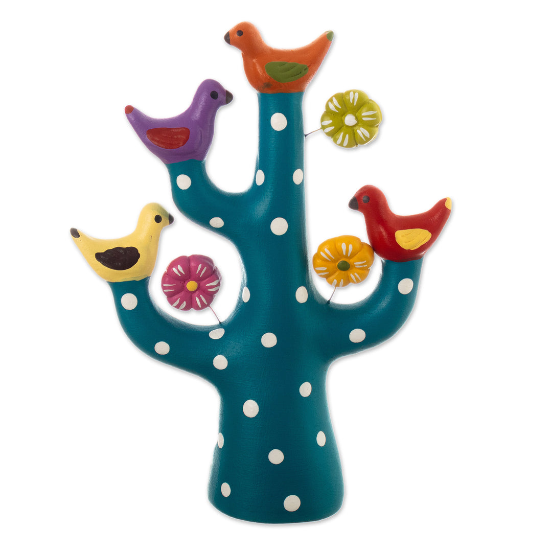 Teal Ceramic Tree Sculpture with Bird and Floral Motifs - The Heavenly Tree Choir