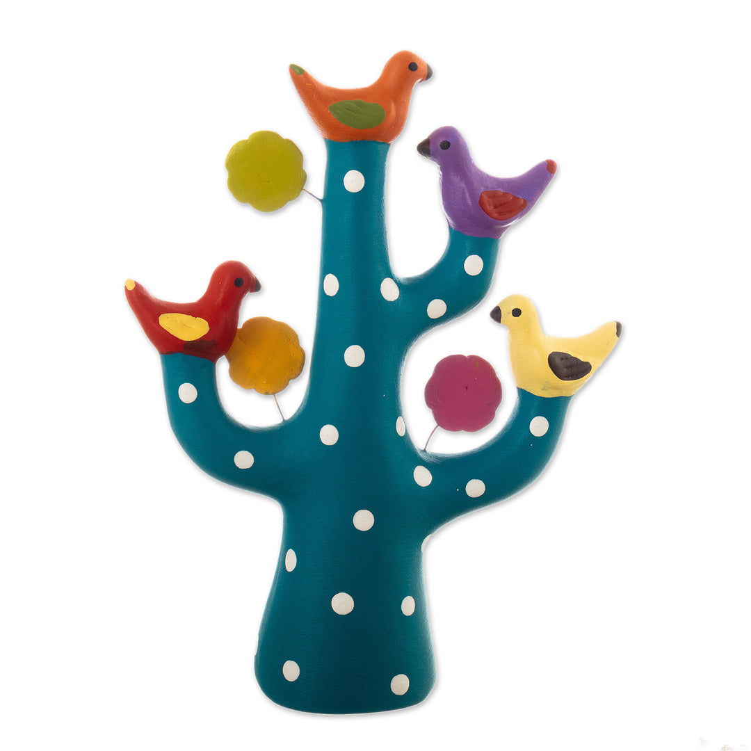 Teal Ceramic Tree Sculpture with Bird and Floral Motifs - The Heavenly Tree Choir