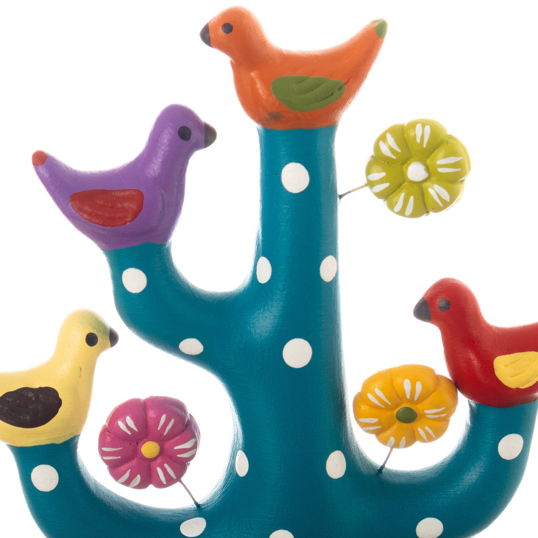 Teal Ceramic Tree Sculpture with Bird and Floral Motifs - The Heavenly Tree Choir