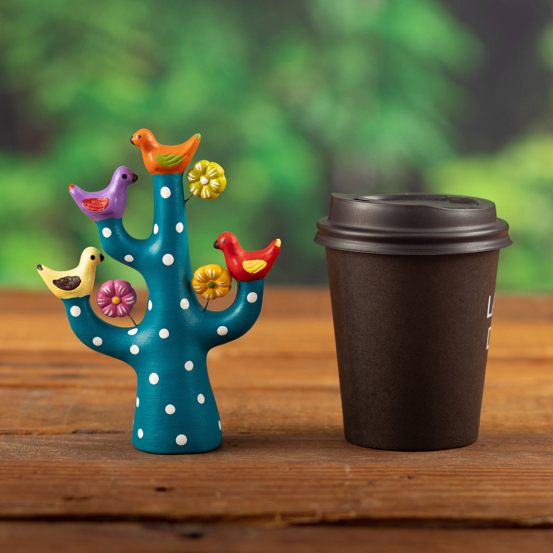 Teal Ceramic Tree Sculpture with Bird and Floral Motifs - The Heavenly Tree Choir