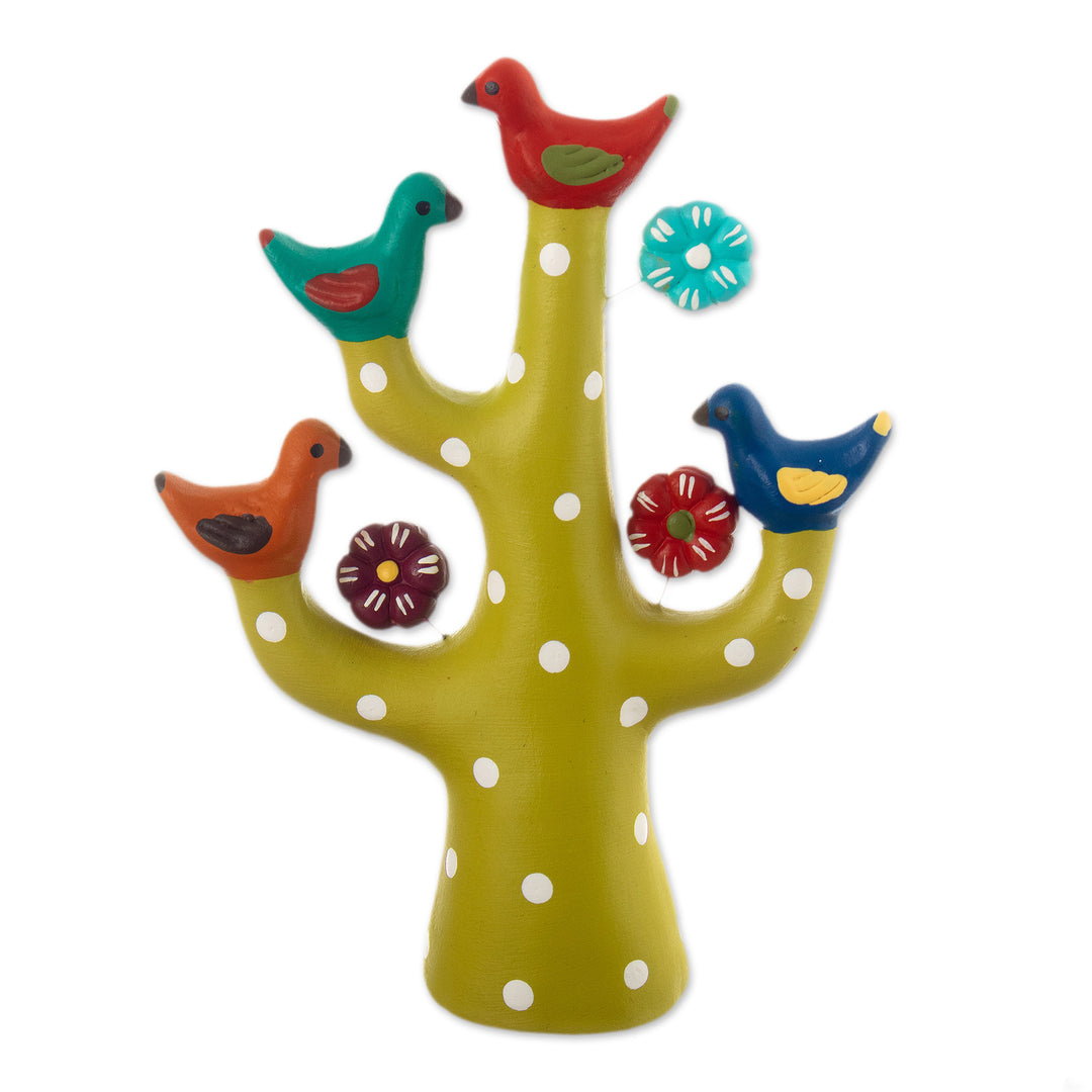 Green Ceramic Tree Sculpture with Bird and Floral Motifs - The Joyful Tree Choir